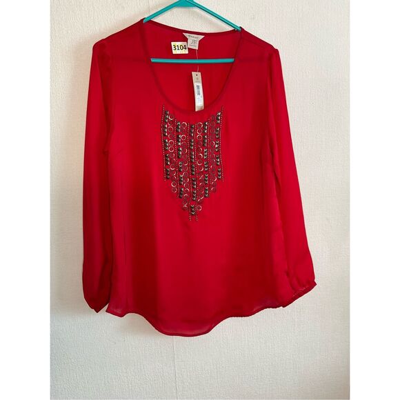 Ariat Top Women’s Medium Red Embellished SemiSheer Blouse Western Rodeo Cowgirl - Picture 3 of 13